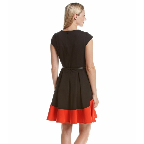π CALVIN KLEIN Belted Colorblock Fit Flare Dress - Picture 2 of 6